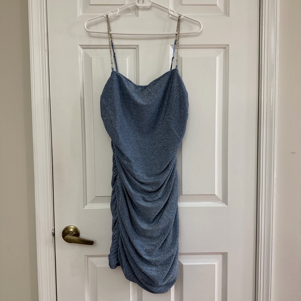 Blue Blush Sparkling Blue Mini Dress with Rhinestone Straps